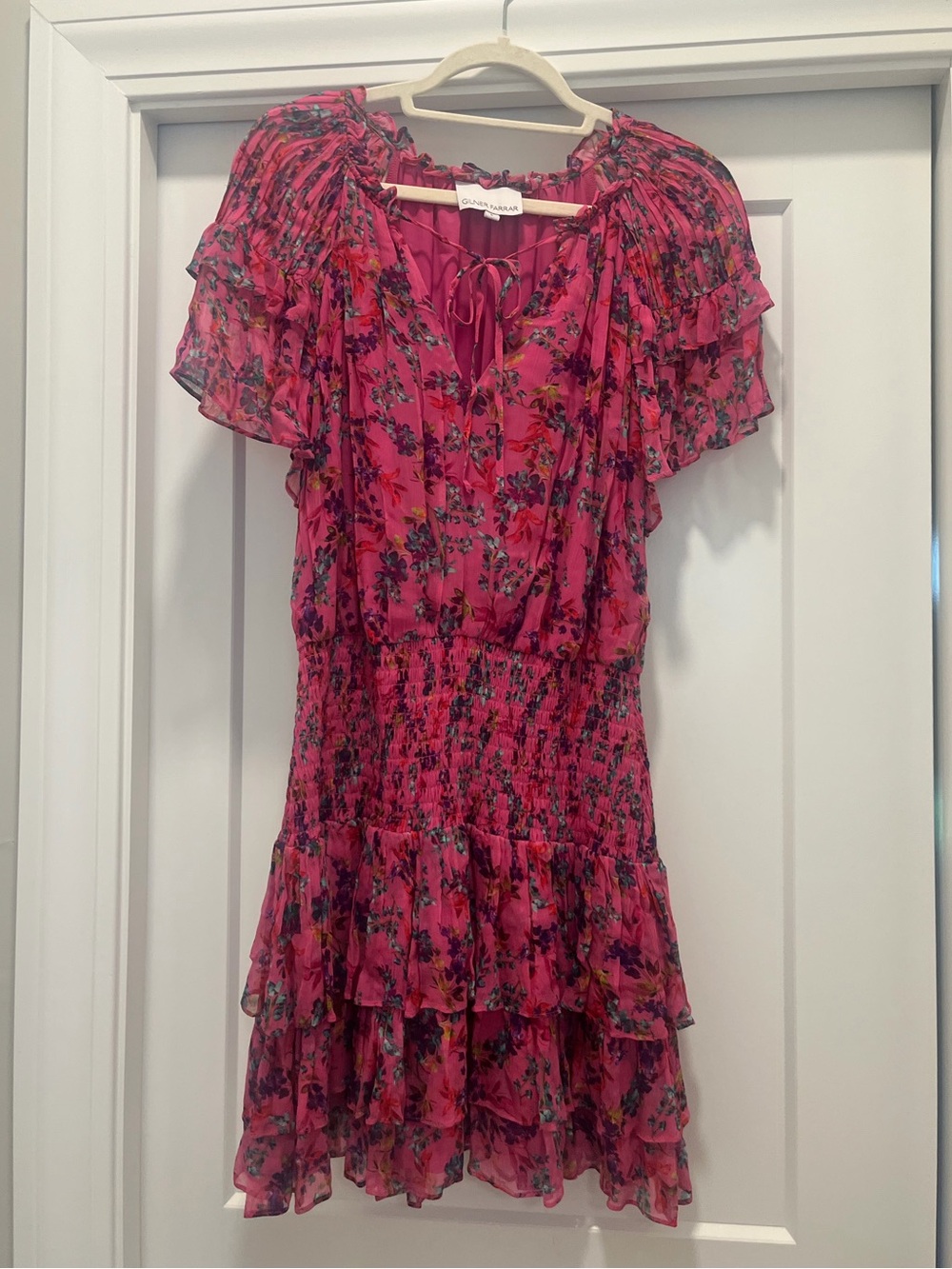 GILNER FARRAR Floral Ruffle Pink Mini Dress with Smocked Waist